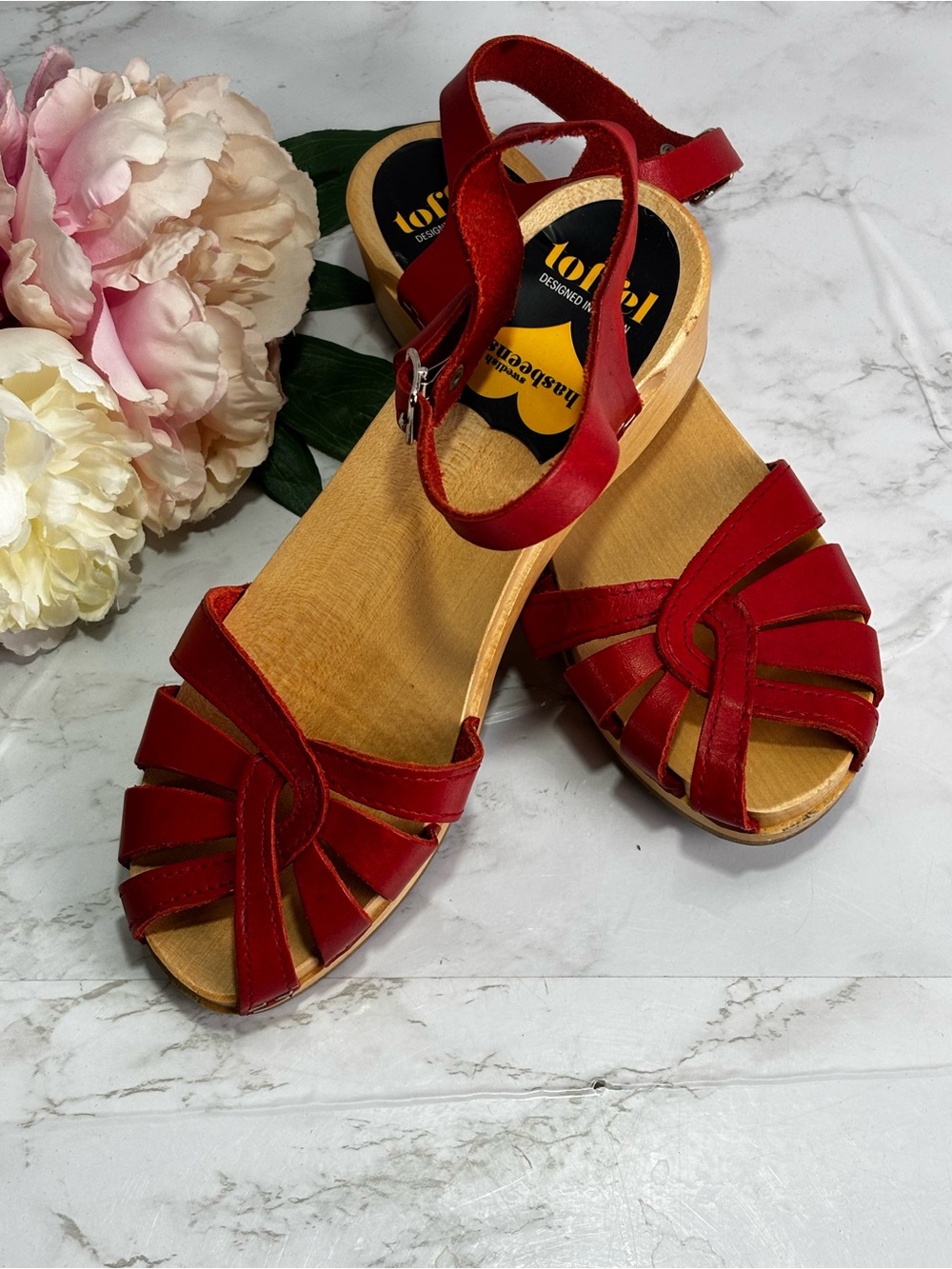 Swedish Hasbeens Women's Clog Sandals Debutant Red Wooden Heel EU 37 US 6.5